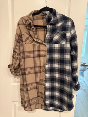 Justify Split Plaid Button-Up Shirt Jacket - Beige & Navy